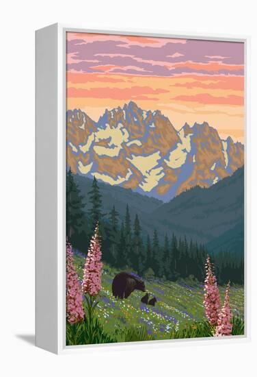 Bear and Spring Flowers-Lantern Press-Framed Stretched Canvas