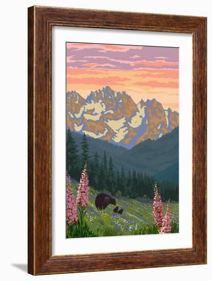 Bear and Spring Flowers-Lantern Press-Framed Art Print