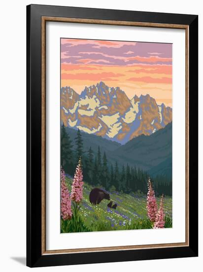 Bear and Spring Flowers-Lantern Press-Framed Art Print