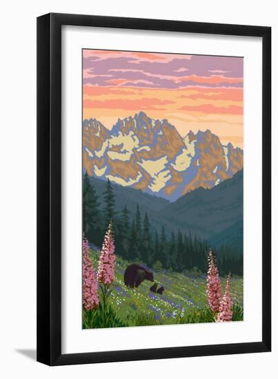 Bear and Spring Flowers-Lantern Press-Framed Art Print