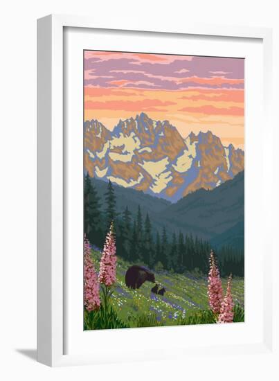 Bear and Spring Flowers-Lantern Press-Framed Art Print