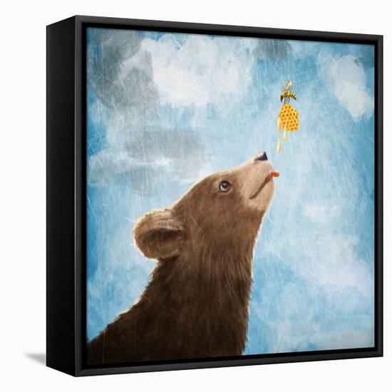 Bear Cub and Bee with Honeycomb-Paula Belle Flores-Framed Stretched Canvas