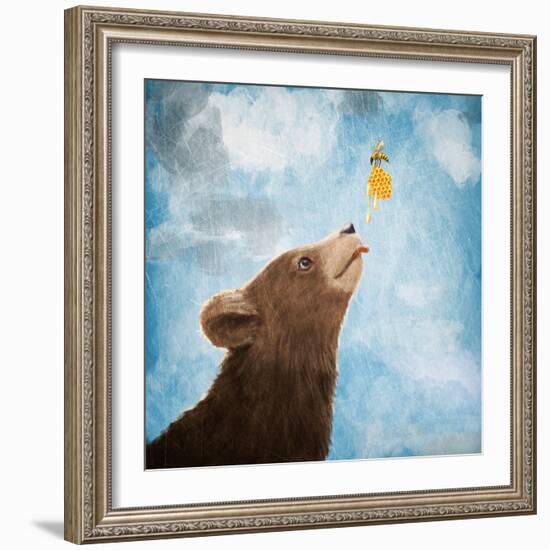 Bear Cub and Bee with Honeycomb-Paula Belle Flores-Framed Art Print