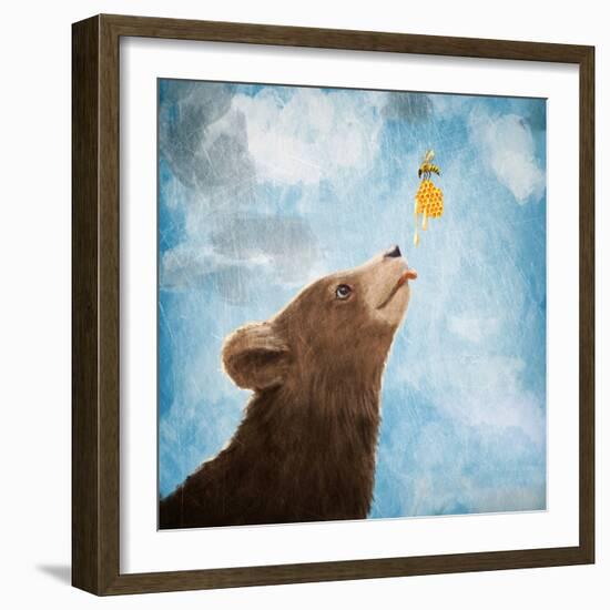 Bear Cub and Bee with Honeycomb-Paula Belle Flores-Framed Art Print