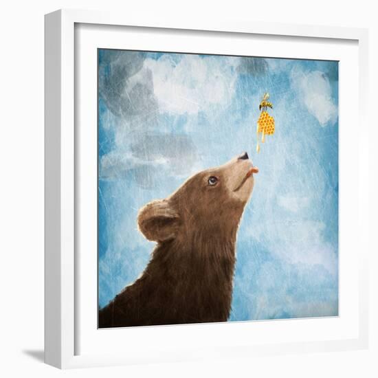 Bear Cub and Bee with Honeycomb-Paula Belle Flores-Framed Art Print