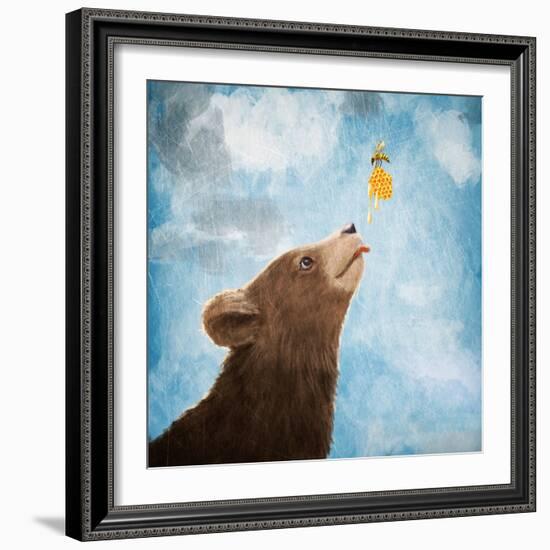 Bear Cub and Bee with Honeycomb-Paula Belle Flores-Framed Art Print