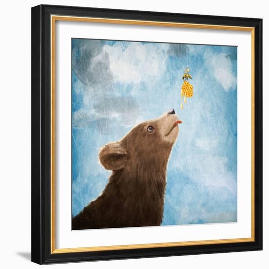 Bear Cub and Bee with Honeycomb-Paula Belle Flores-Framed Art Print