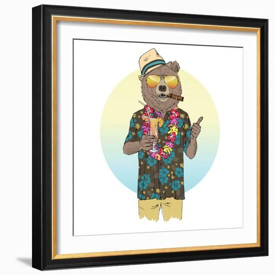 Bear Dressed up in Hawaiin Shirt with Cocktail-Olga_Angelloz-Framed Art Print