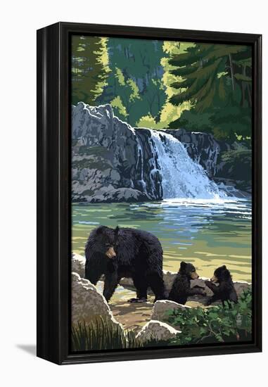 Bear Family and Waterfall-Lantern Press-Framed Stretched Canvas