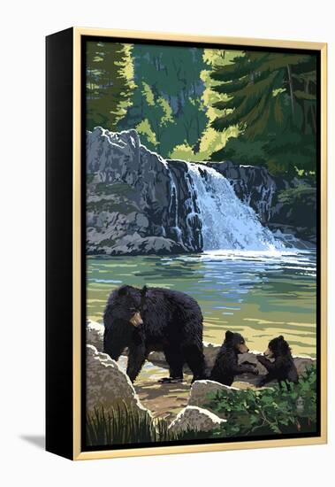 Bear Family and Waterfall-Lantern Press-Framed Stretched Canvas