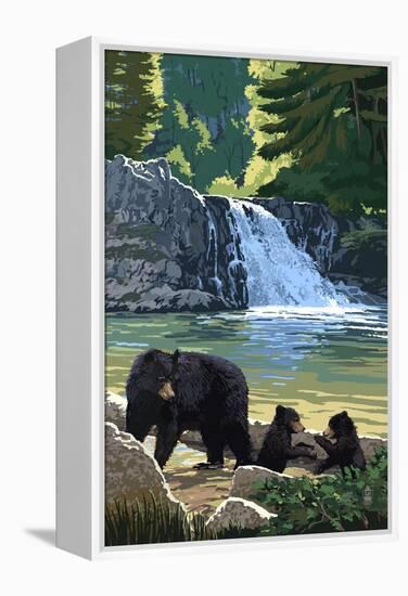 Bear Family and Waterfall-Lantern Press-Framed Stretched Canvas