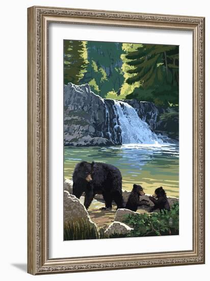 Bear Family and Waterfall-Lantern Press-Framed Art Print