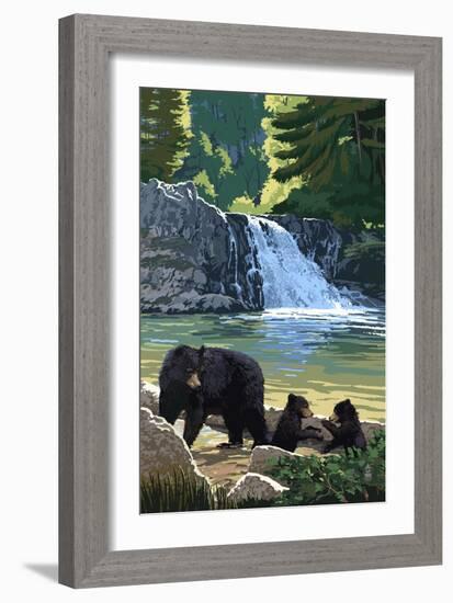 Bear Family and Waterfall-Lantern Press-Framed Art Print