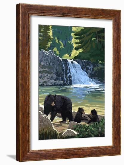 Bear Family and Waterfall-Lantern Press-Framed Art Print