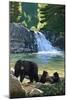 Bear Family and Waterfall-Lantern Press-Mounted Art Print