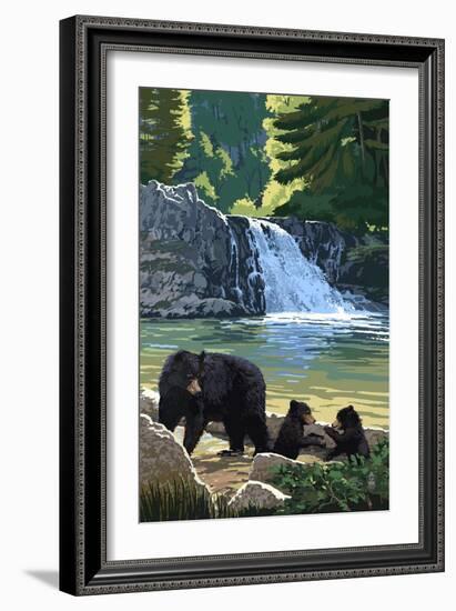 Bear Family and Waterfall-Lantern Press-Framed Art Print