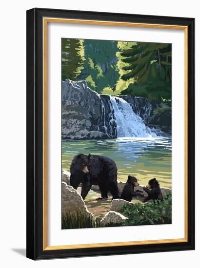 Bear Family and Waterfall-Lantern Press-Framed Art Print