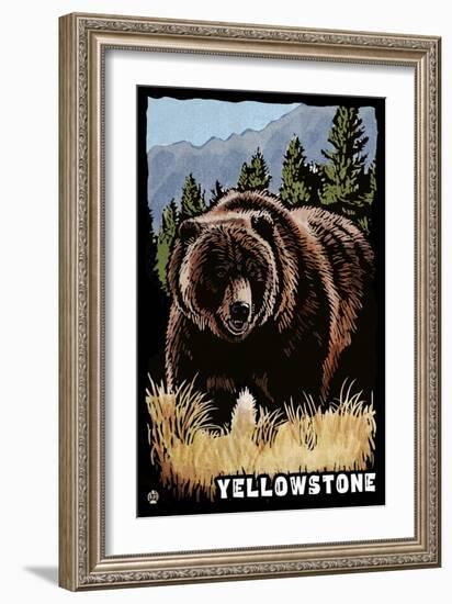 Bear Family - Grizzly Bear Scratchboard-Lantern Press-Framed Art Print