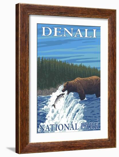 Bear Fishing in River, Denali National Park, Alaska-Lantern Press-Framed Art Print