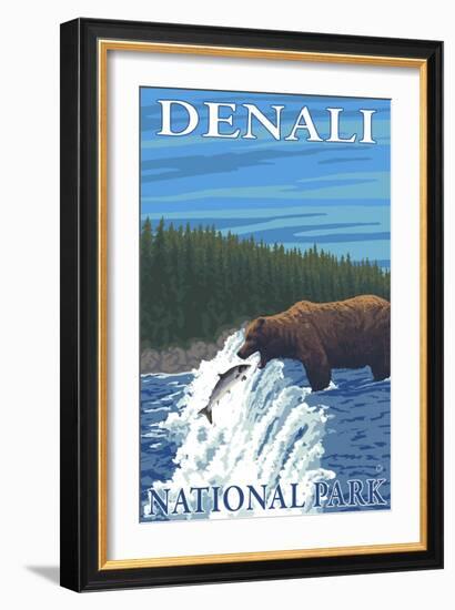 Bear Fishing in River, Denali National Park, Alaska-Lantern Press-Framed Art Print