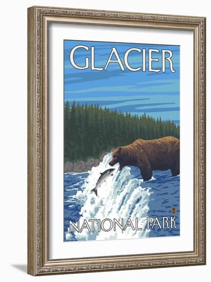 Bear Fishing in River, Glacier National Park, Montana-Lantern Press-Framed Art Print