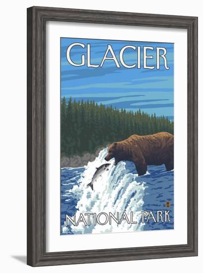 Bear Fishing in River, Glacier National Park, Montana-Lantern Press-Framed Art Print