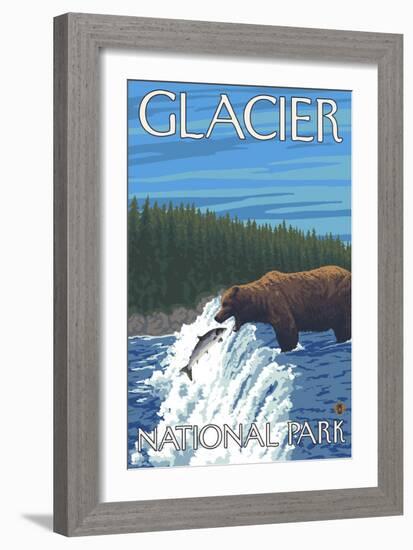 Bear Fishing in River, Glacier National Park, Montana-Lantern Press-Framed Art Print