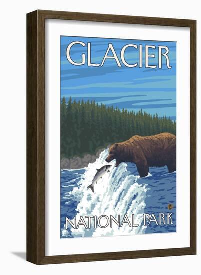 Bear Fishing in River, Glacier National Park, Montana-Lantern Press-Framed Art Print