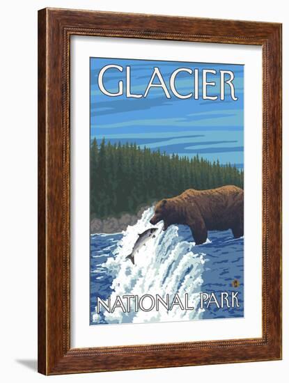 Bear Fishing in River, Glacier National Park, Montana-Lantern Press-Framed Art Print