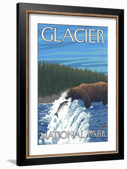 Bear Fishing in River, Glacier National Park, Montana-Lantern Press-Framed Art Print