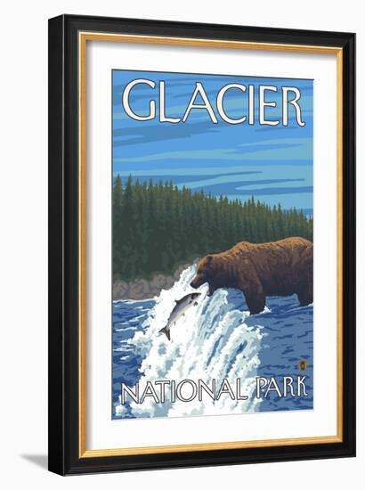 Bear Fishing in River, Glacier National Park, Montana-Lantern Press-Framed Art Print