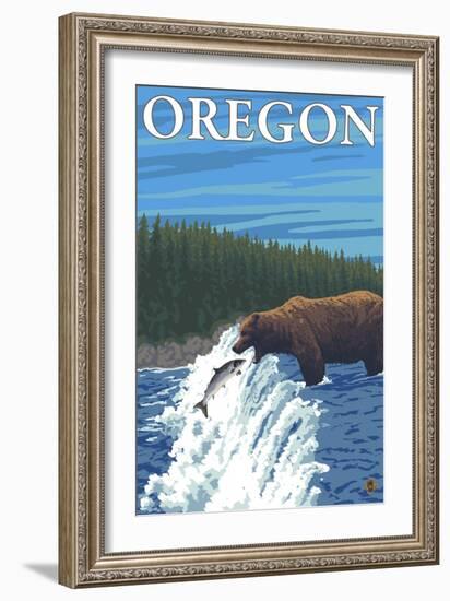 Bear Fishing in River, Oregon-Lantern Press-Framed Art Print