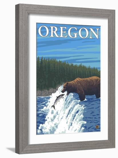 Bear Fishing in River, Oregon-Lantern Press-Framed Art Print