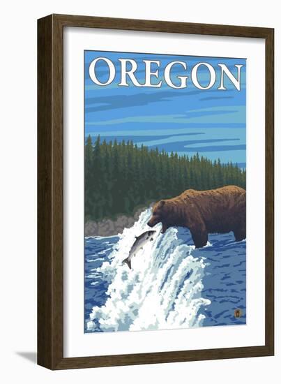 Bear Fishing in River, Oregon-Lantern Press-Framed Art Print