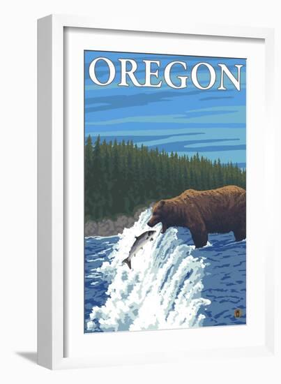 Bear Fishing in River, Oregon-Lantern Press-Framed Art Print