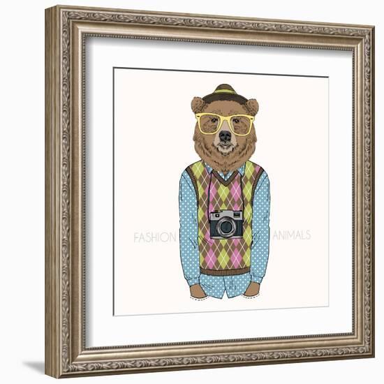 Bear Hipster with Camera - Fashion Animal Illustration-Olga_Angelloz-Framed Art Print