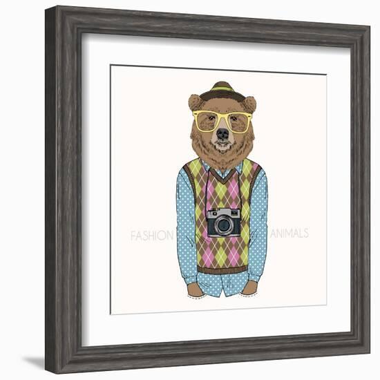Bear Hipster with Camera - Fashion Animal Illustration-Olga_Angelloz-Framed Art Print
