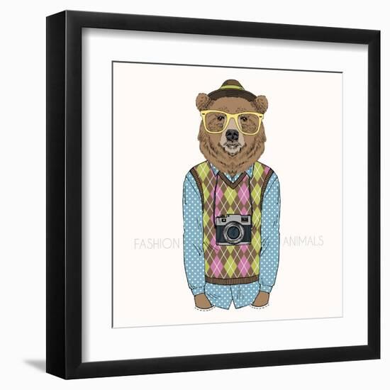 Bear Hipster with Camera - Fashion Animal Illustration-Olga_Angelloz-Framed Art Print