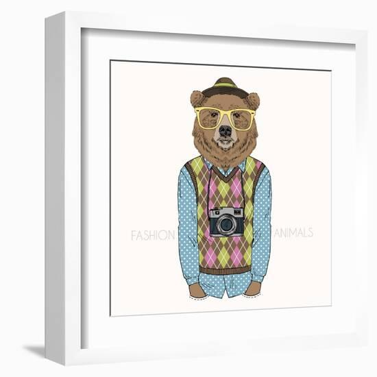 Bear Hipster with Camera - Fashion Animal Illustration-Olga_Angelloz-Framed Art Print