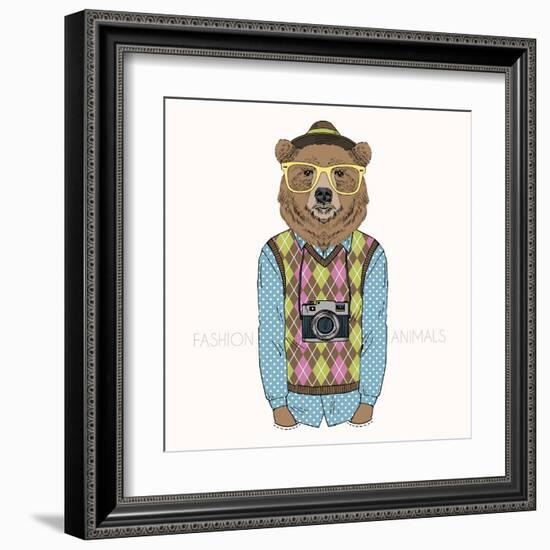 Bear Hipster with Camera - Fashion Animal Illustration-Olga_Angelloz-Framed Art Print