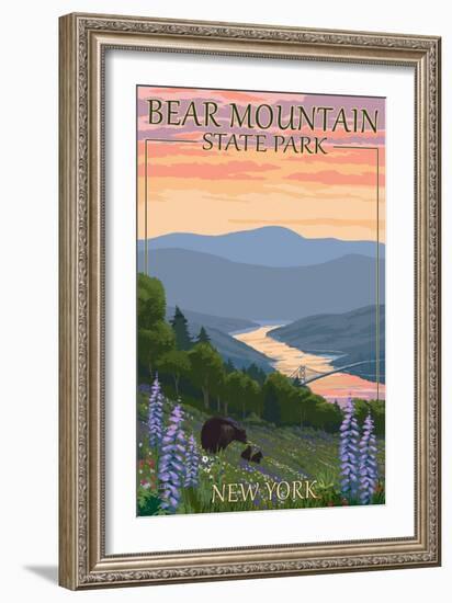 Bear Mountain State Park, New York - Bears and Spring Flowers-Lantern Press-Framed Art Print