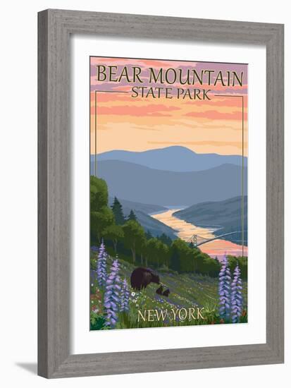 Bear Mountain State Park, New York - Bears and Spring Flowers-Lantern Press-Framed Art Print