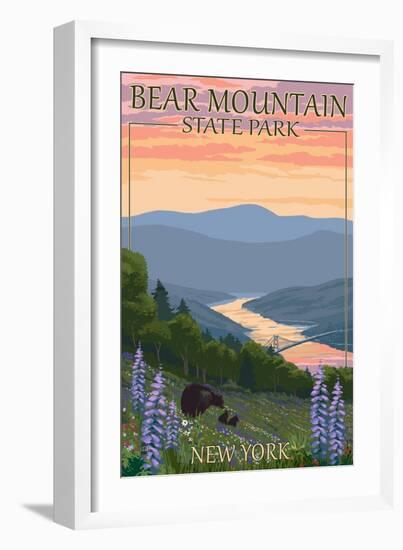 Bear Mountain State Park, New York - Bears and Spring Flowers-Lantern Press-Framed Art Print