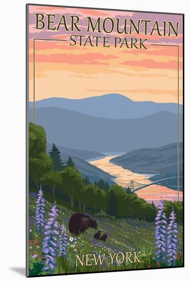 Bear Mountain State Park, New York - Bears and Spring Flowers-Lantern Press-Mounted Art Print