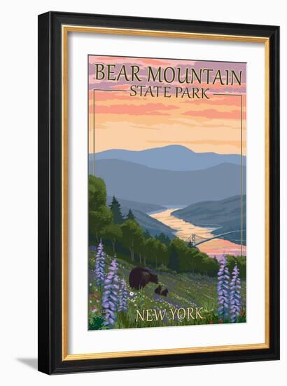 Bear Mountain State Park, New York - Bears and Spring Flowers-Lantern Press-Framed Art Print