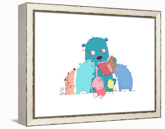 Bear Reading Book for Group of Animal Kids. Children Education and Reading. Child Learning, Teacher-Popmarleo-Framed Stretched Canvas