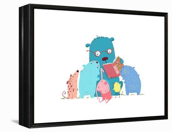 Bear Reading Book for Group of Animal Kids. Children Education and Reading. Child Learning, Teacher-Popmarleo-Framed Stretched Canvas