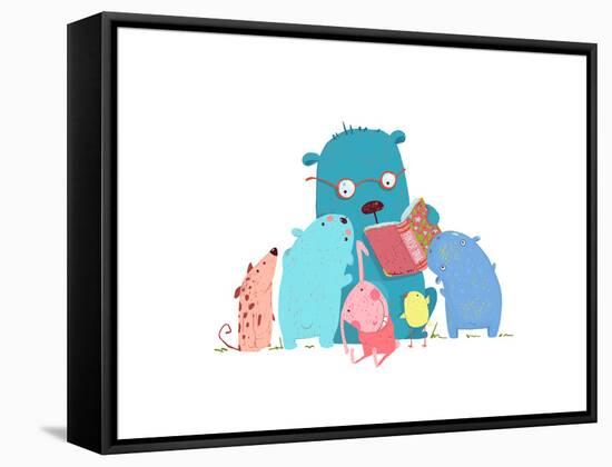 Bear Reading Book for Group of Animal Kids. Children Education and Reading. Child Learning, Teacher-Popmarleo-Framed Stretched Canvas