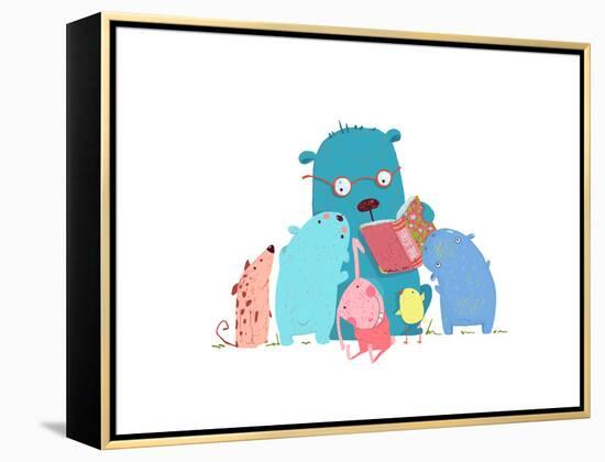 Bear Reading Book for Group of Animal Kids. Children Education and Reading. Child Learning, Teacher-Popmarleo-Framed Stretched Canvas