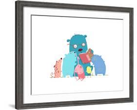 Bear Reading Book for Group of Animal Kids. Children Education and Reading. Child Learning, Teacher-Popmarleo-Framed Art Print